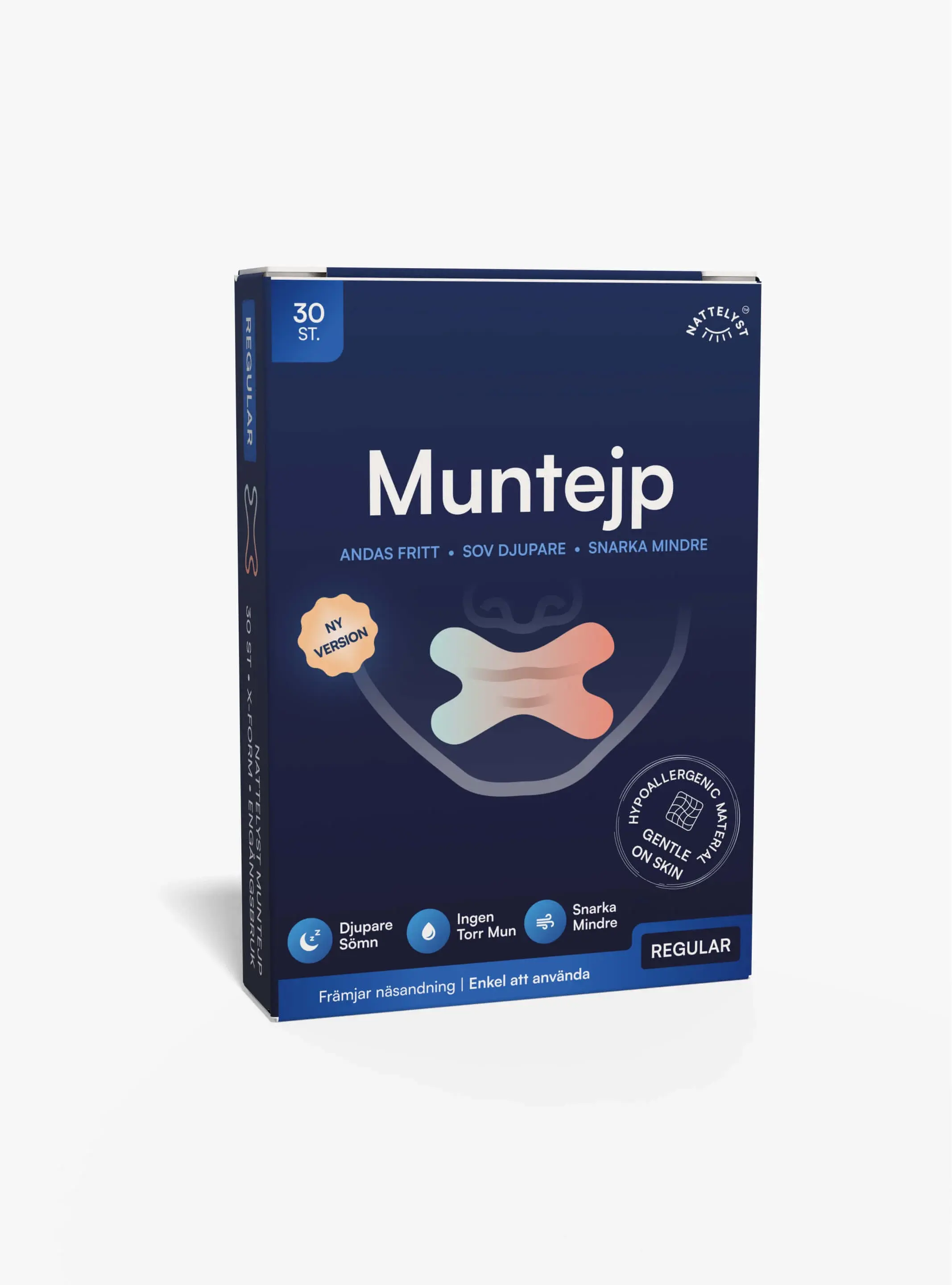 Nattelyst muntejp i mörkblå förpackning med 30 stycken tejpremsor