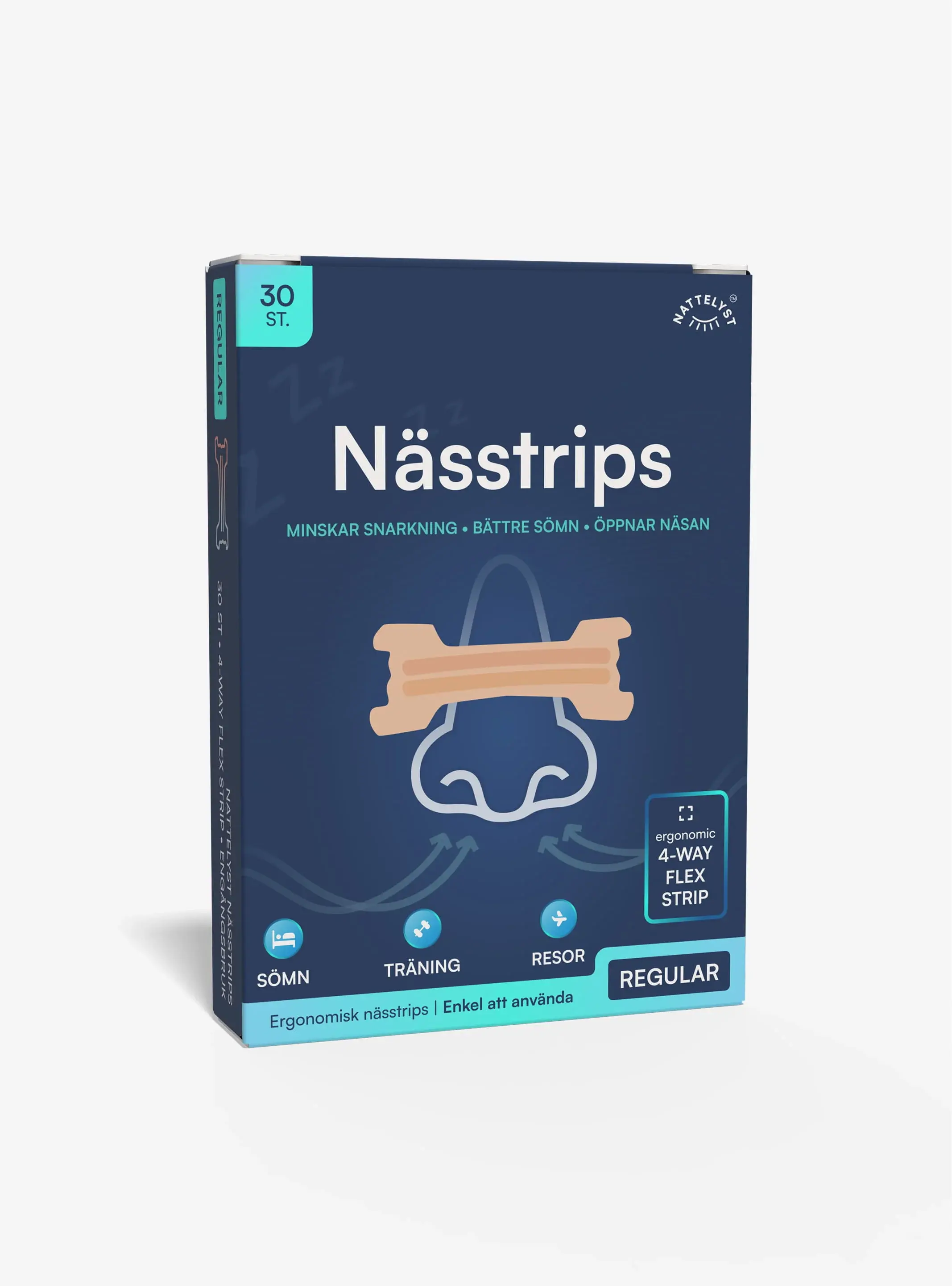 Nattelyst nässtrips i blå förpackning med 30 stycken andningsremsor
