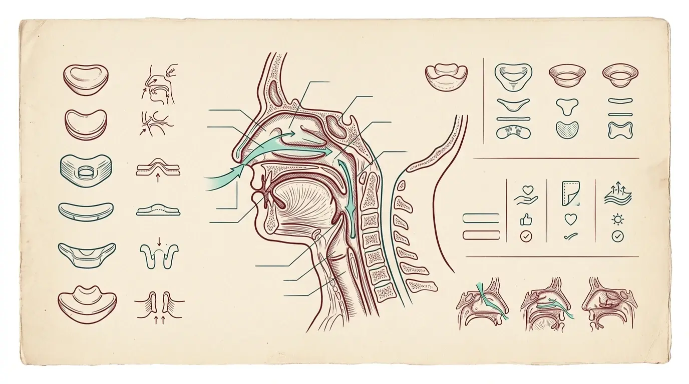 Anatomisk plansch i rödbrunt på gulnat papper med genomskärning av näsa, mun och svalg, där turkosa pilar visar hur luften leds om till näsandning när munnen hålls stängd. Runt genomskärningen ligger rader av små tecknade tejpbitar i olika former.