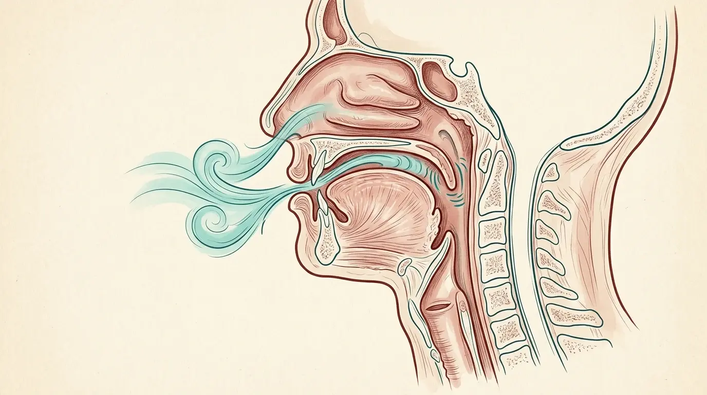 Illustration i stil med en anatomisk plansch: genomskärning av näsa, mun och svalg tecknad i rödbrunt på gulnat papper, där små pilar visar turbulent luftflöde runt mjuka gommen och gomspenen.