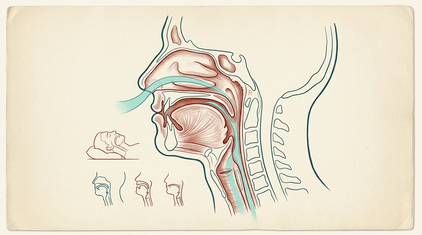 Illustration i stil med en anatomisk plansch: genomskärning av näsa, mun och svalg tecknad i rödbrunt på gulnat papper, där en turkos linje visar luftens väg genom luftvägen. Nedtill en liten teckning av en person som sover på rygg.