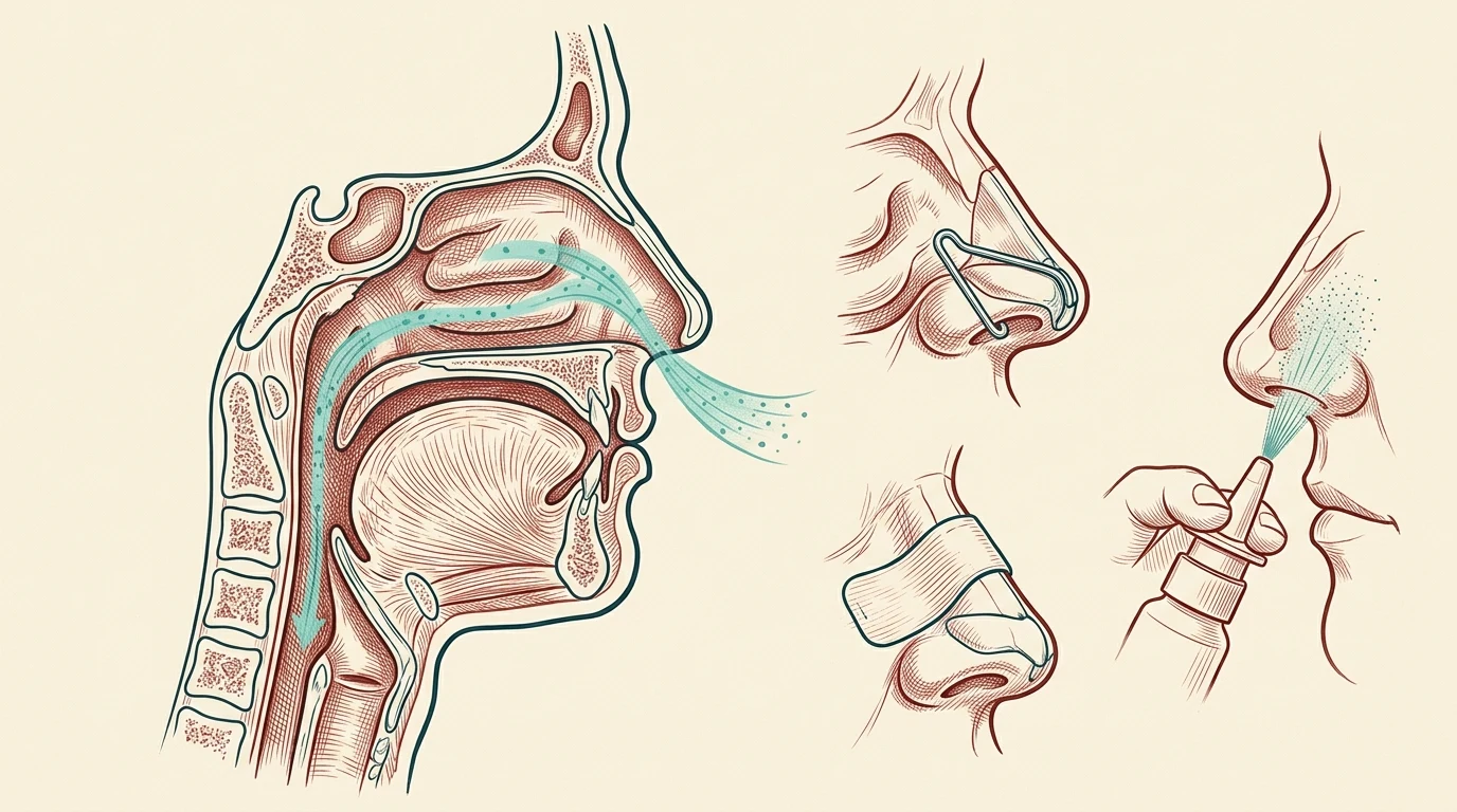 Anatomisk plansch i rödbrunt på gulnat papper: till vänster en genomskärning av näsa, mun och svalg med en turkos linje som visar luftflödet, till höger tre detaljteckningar som visar en invändig näsvidgare i näsborren, en utvändig nässtrip över nästippen och en nässpray som används.