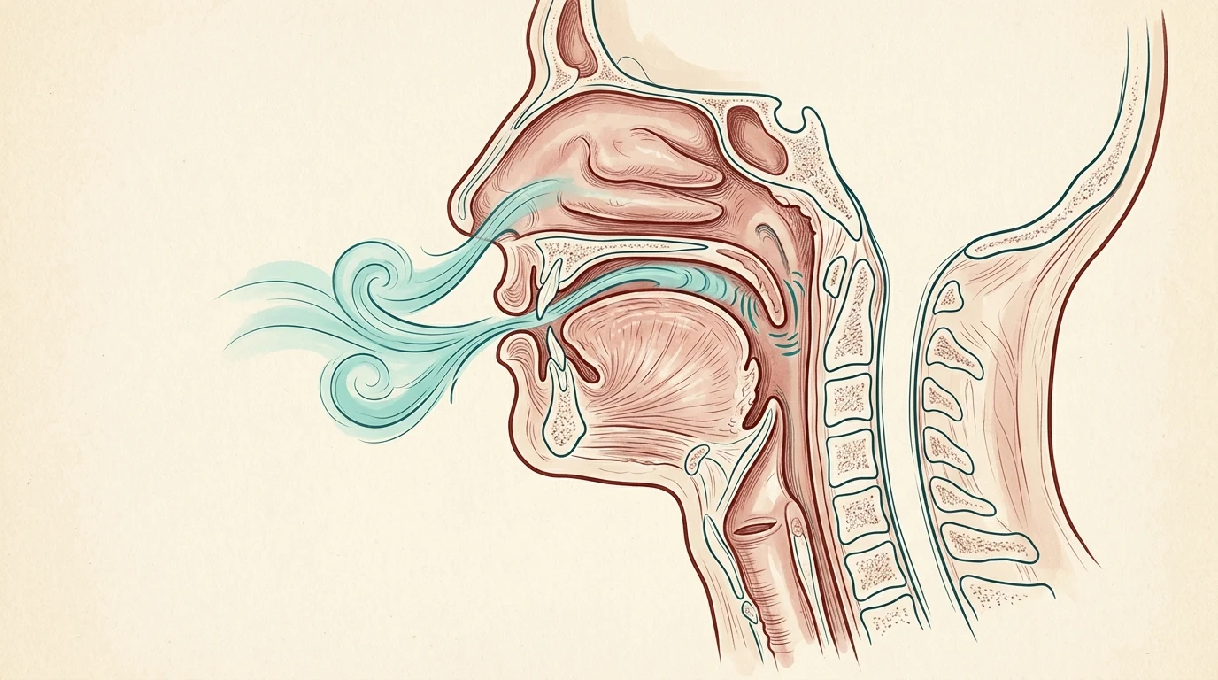 Illustration i stil med en anatomisk plansch: genomskärning av näsa, mun och svalg tecknad i rödbrunt på gulnat papper, där små pilar visar turbulent luftflöde runt mjuka gommen och gomspenen.